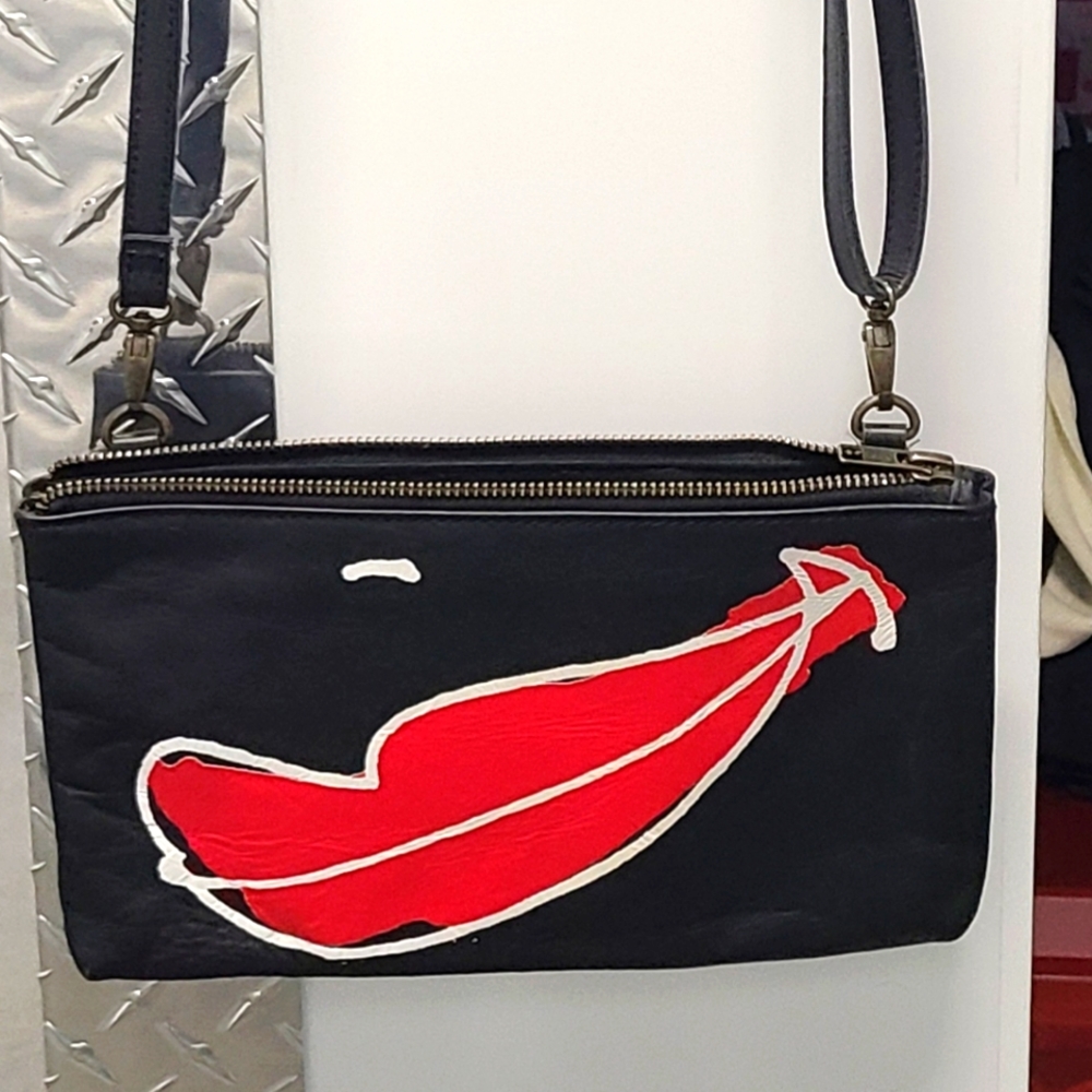 D'izak red lip clutch with shoulder straps black and Red